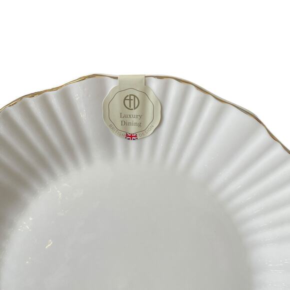 Eaton Fine Porcelain Aubrey Dinner Plates 10.5" Fluted Gold Accent Edge Set of 4 - Picture 3 of 13